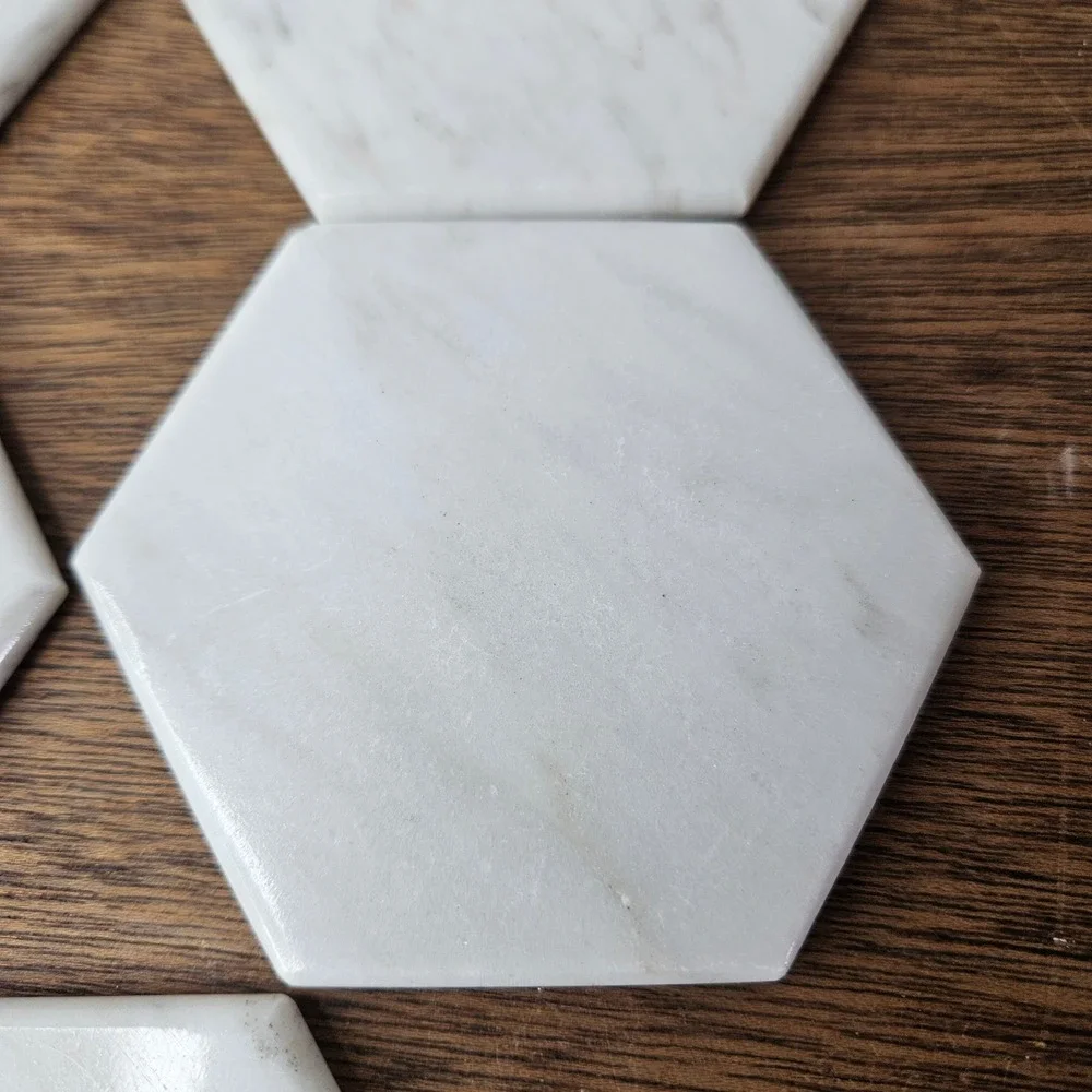 White Marble Hexagon‎ Coasters Set of 5 Matching Caddy Holder Veined Gray Vtg